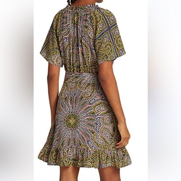 NWT Figue Cleo Silk Ruffle Neck Belted Dress in Medallion Multi Spruce XS - Picture 6 of 15